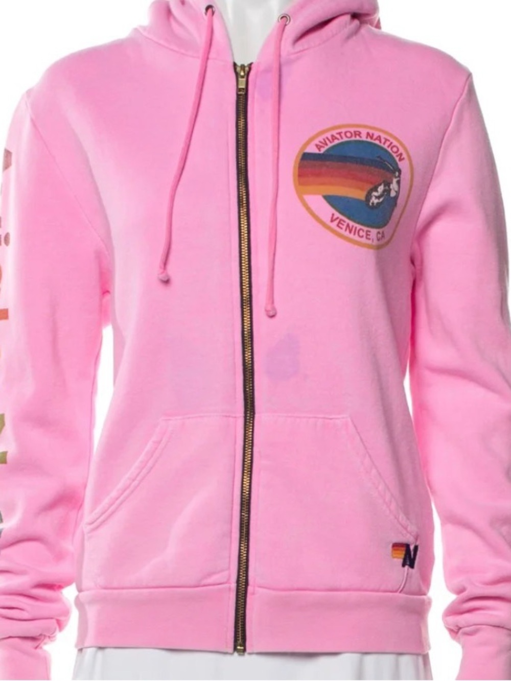 Aviator Nation Pink Zip-Up Hoodie with Rainbow Chest Stripes